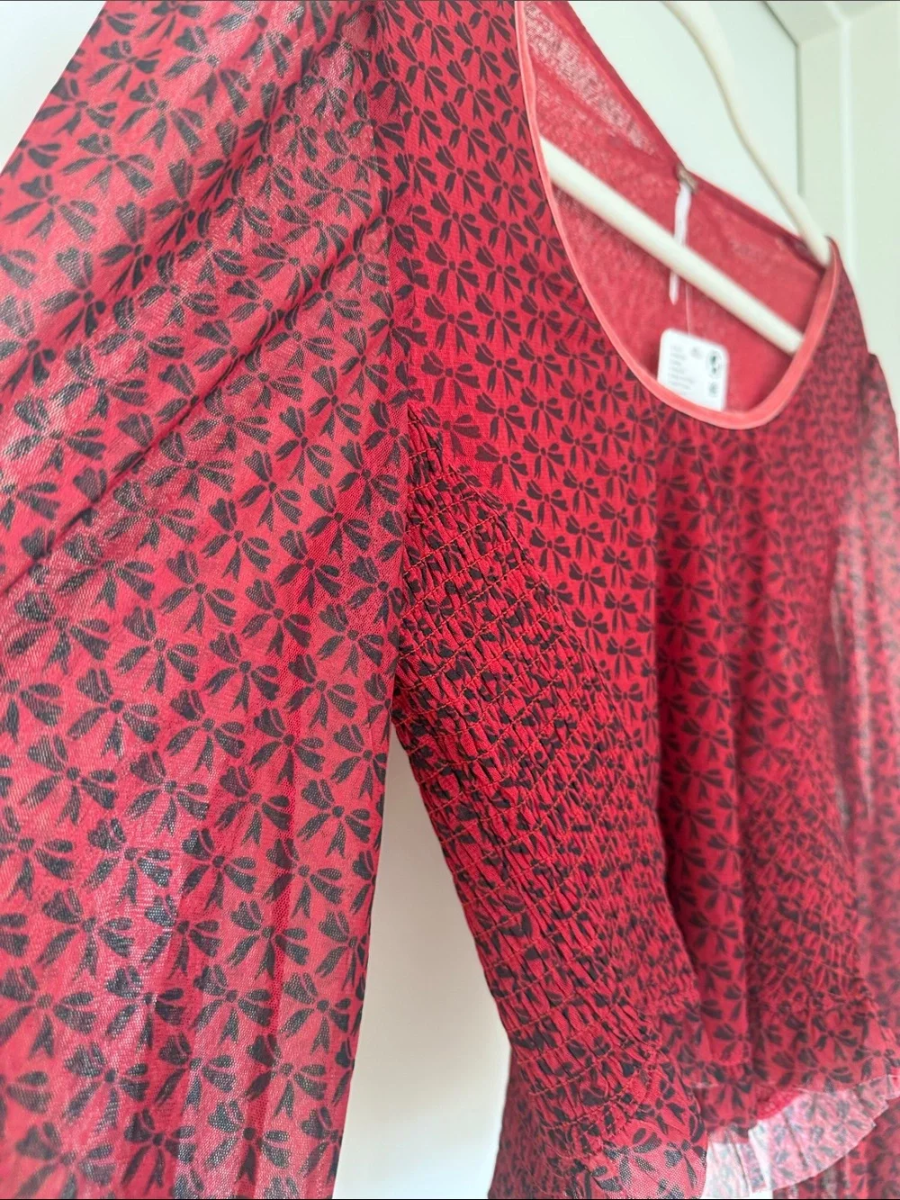 Free People Burgundy Printed Mesh Crop Top with Smocked Cuffs